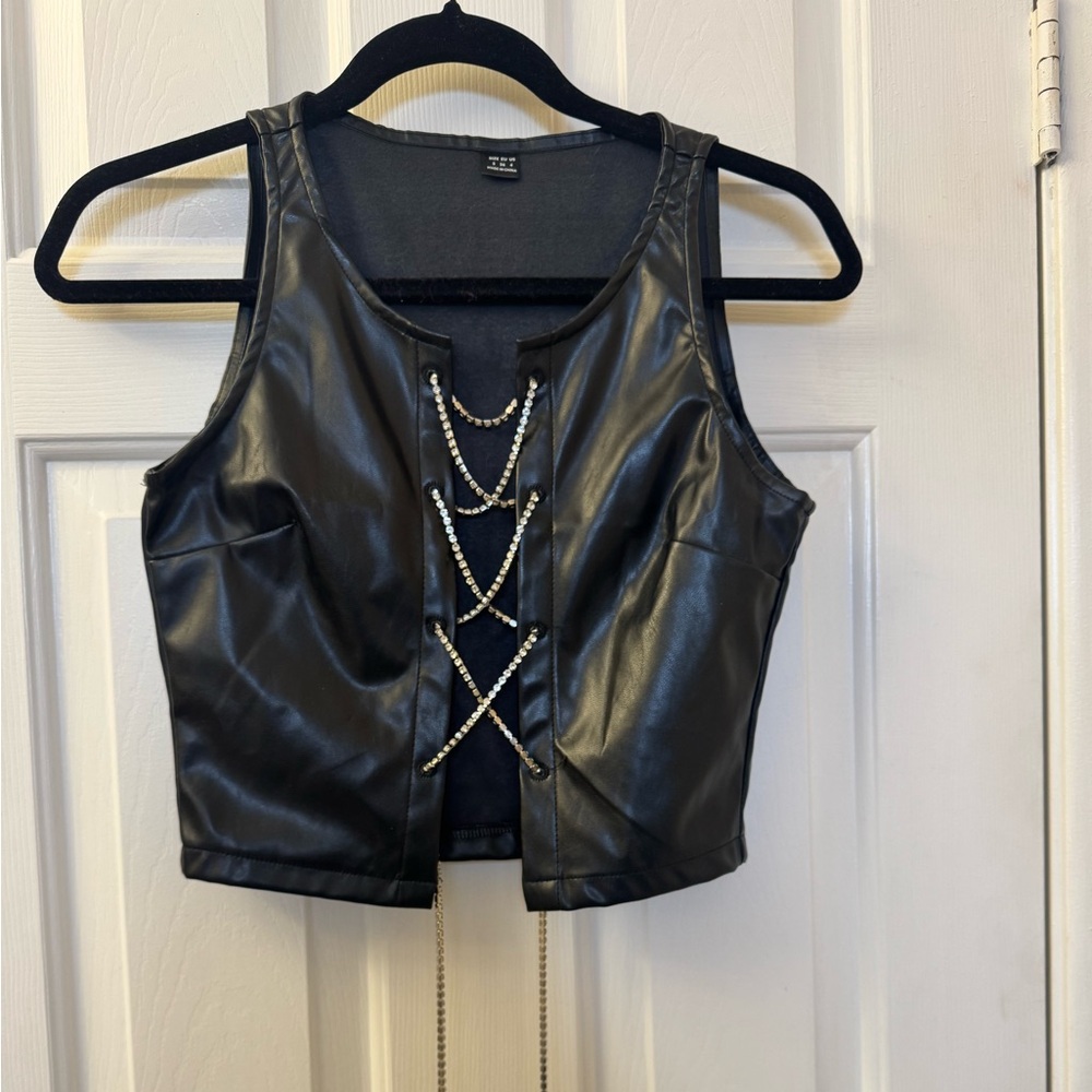 Black Faux Leather Laced Crop Top Small
